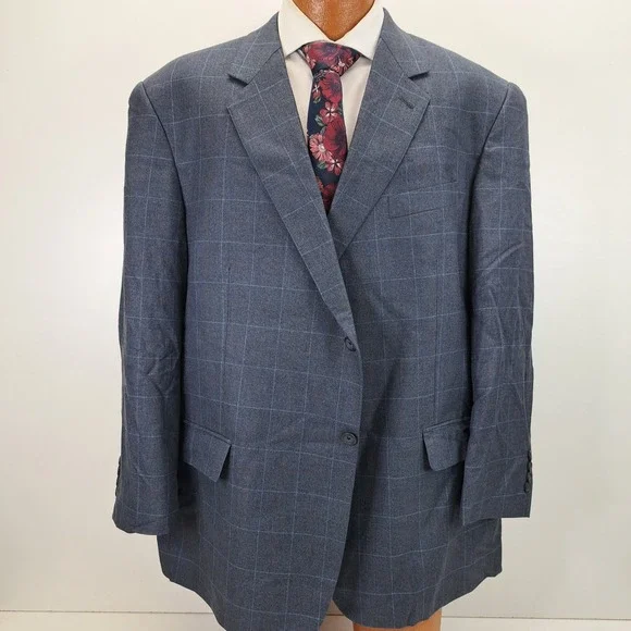 Joseph Feiss Mens 50R Blue Silk Wool Plaid Suit Jacket Blazer Windowpane